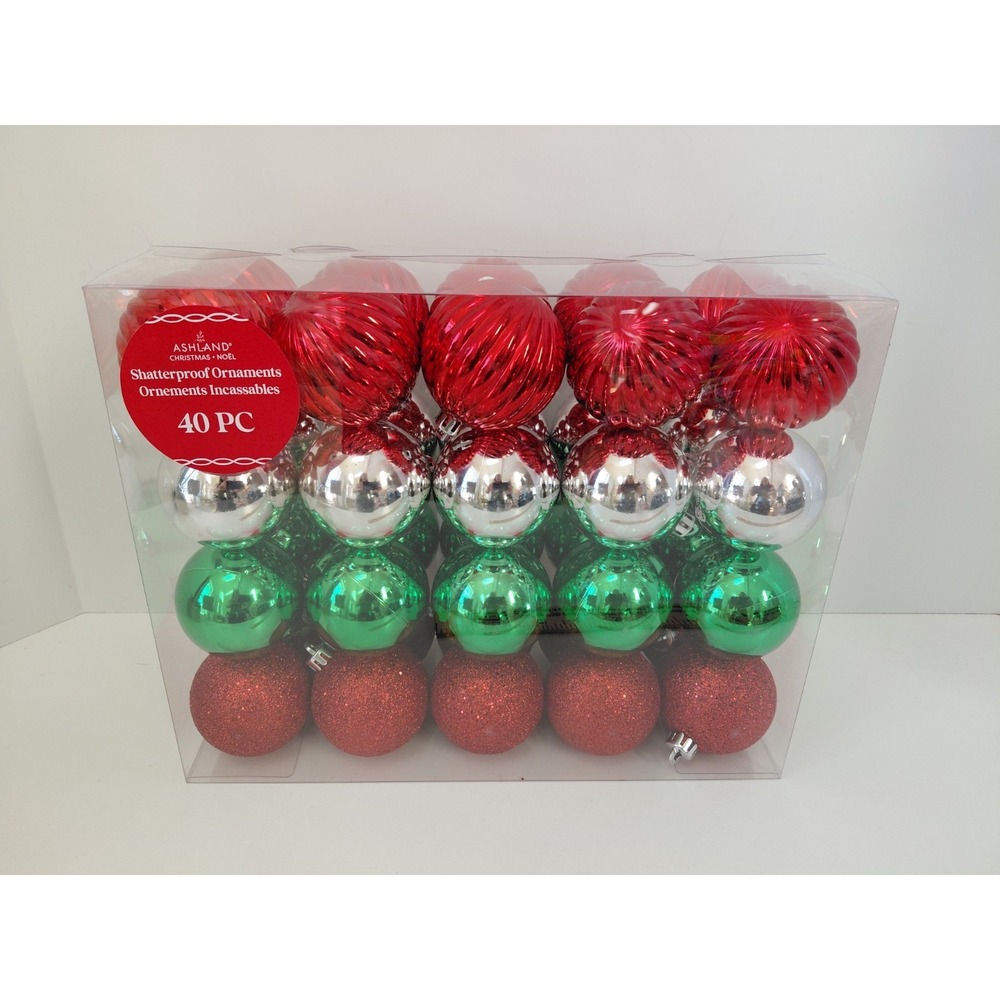 40 PC Shatterproof Ornaments Ashland Green Red Silver 2.2 in 57 mm NEW